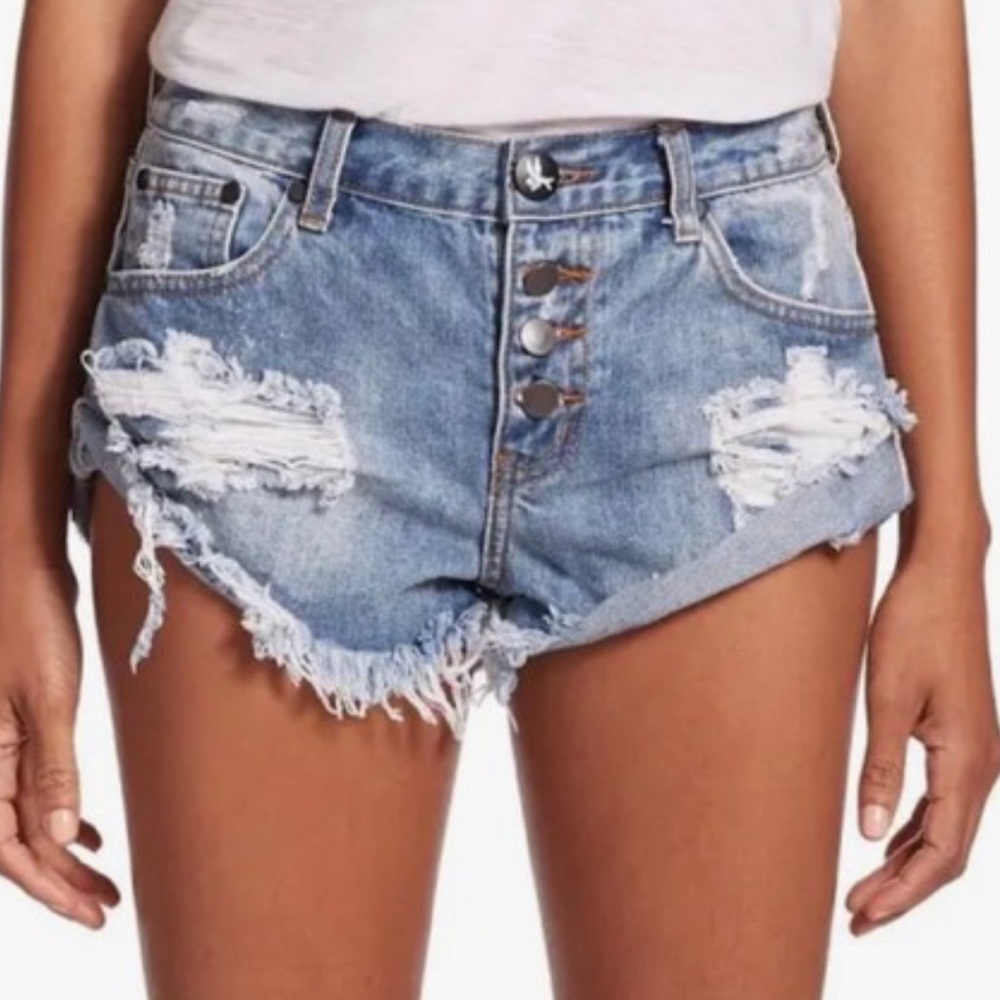 One Teaspoon Blue Distressed Denim Shorts